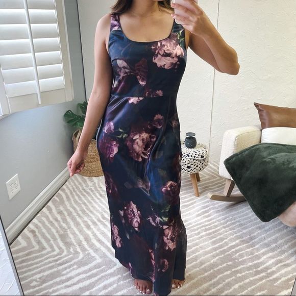 Vince Dress Night Garden Square Neck Slip Long Maxi Floral Navy Blue Size 6 - Picture 4 of 12